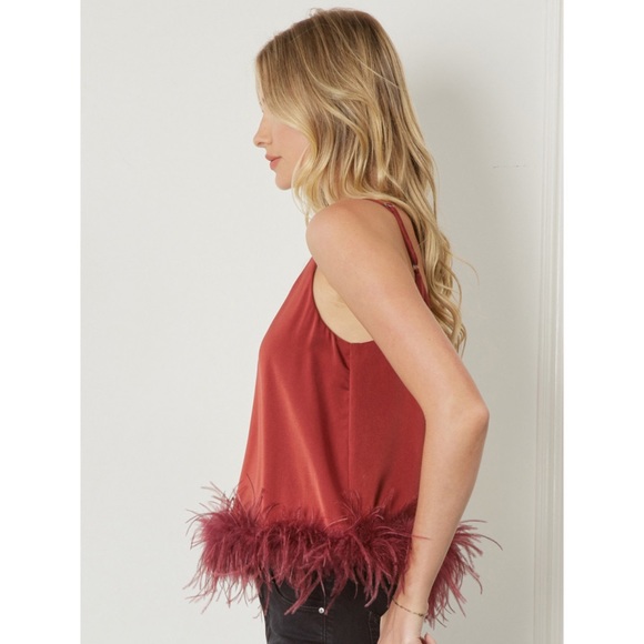 🍁🍁🍁ENTRO feathered Trimmed Spaghetti Strap in Rust🍁🍁🍁 - Picture 4 of 12